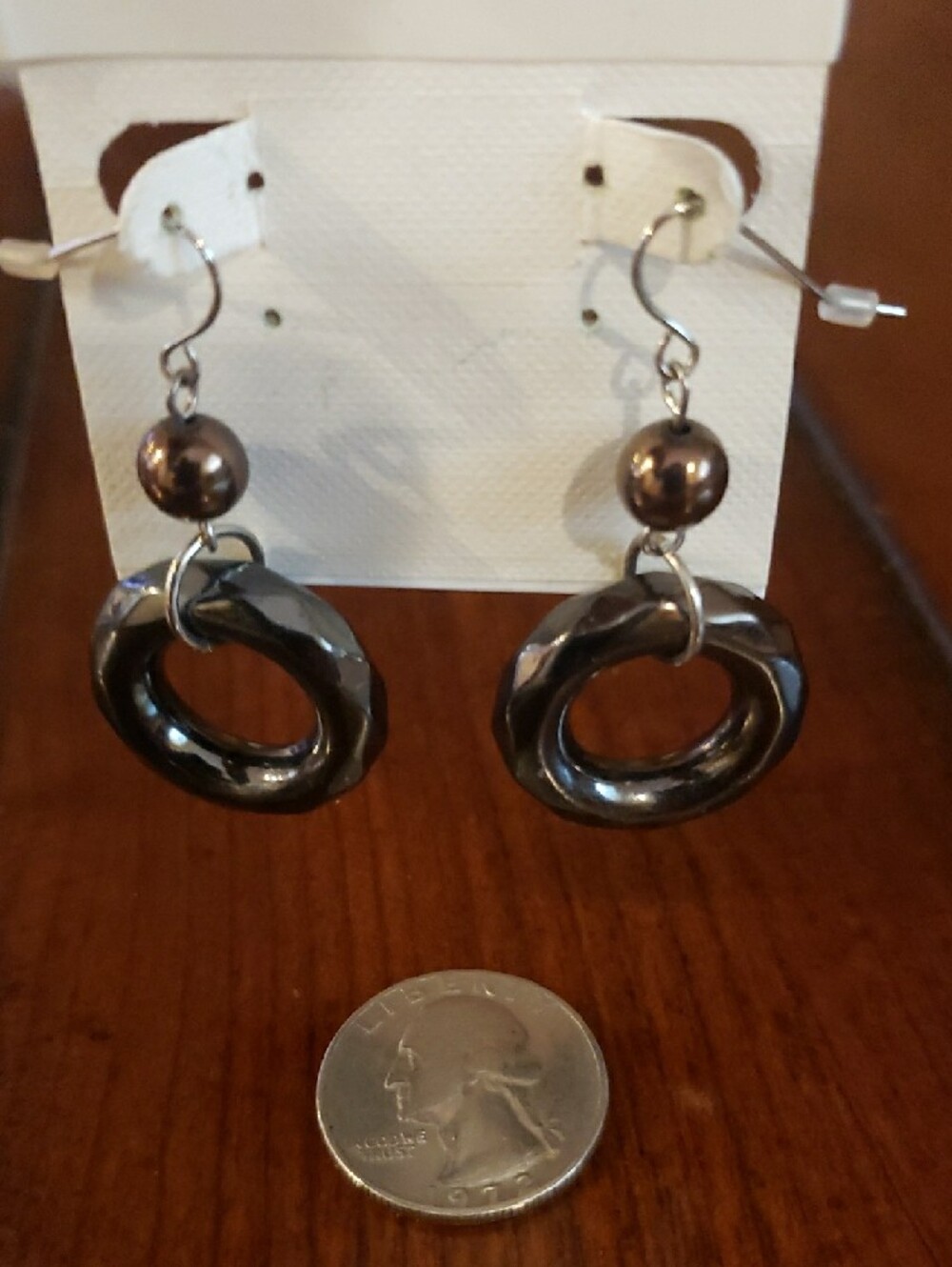 Hematite-Tone Hoop Drop Earrings with Bead Accent